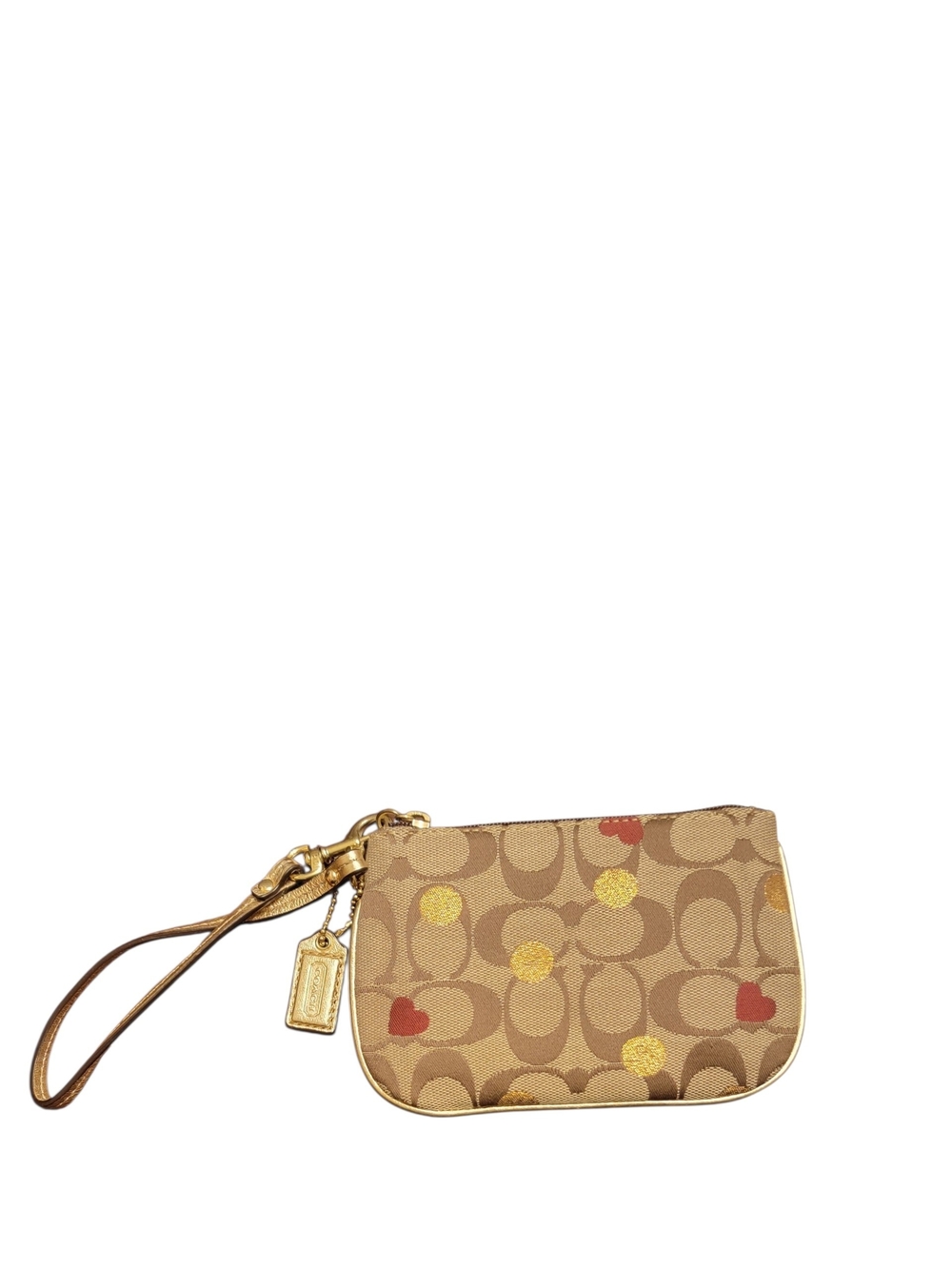 Coach Tan Signature Wristlet with Red Heart & Gold Dot Accents